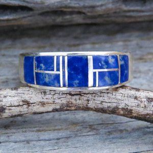 Navajo Lapis Lazuli Channel Inlay Sterling Silver Ring Band Size 12 3/4